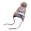 A grey woolen cap with a fluffy bear pattern, a warm knitted winter hat for girls Item Picture